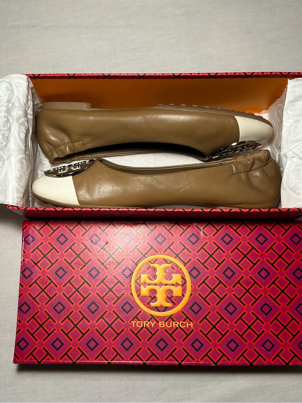 Tory Burch Brown and White Logo Cap-Toe Ballet Flats